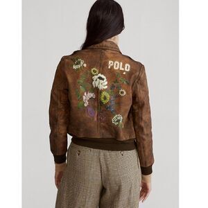 Polo Ralph Lauren Distressed Hand Painted Brown Cow Leather Bomber Jacket